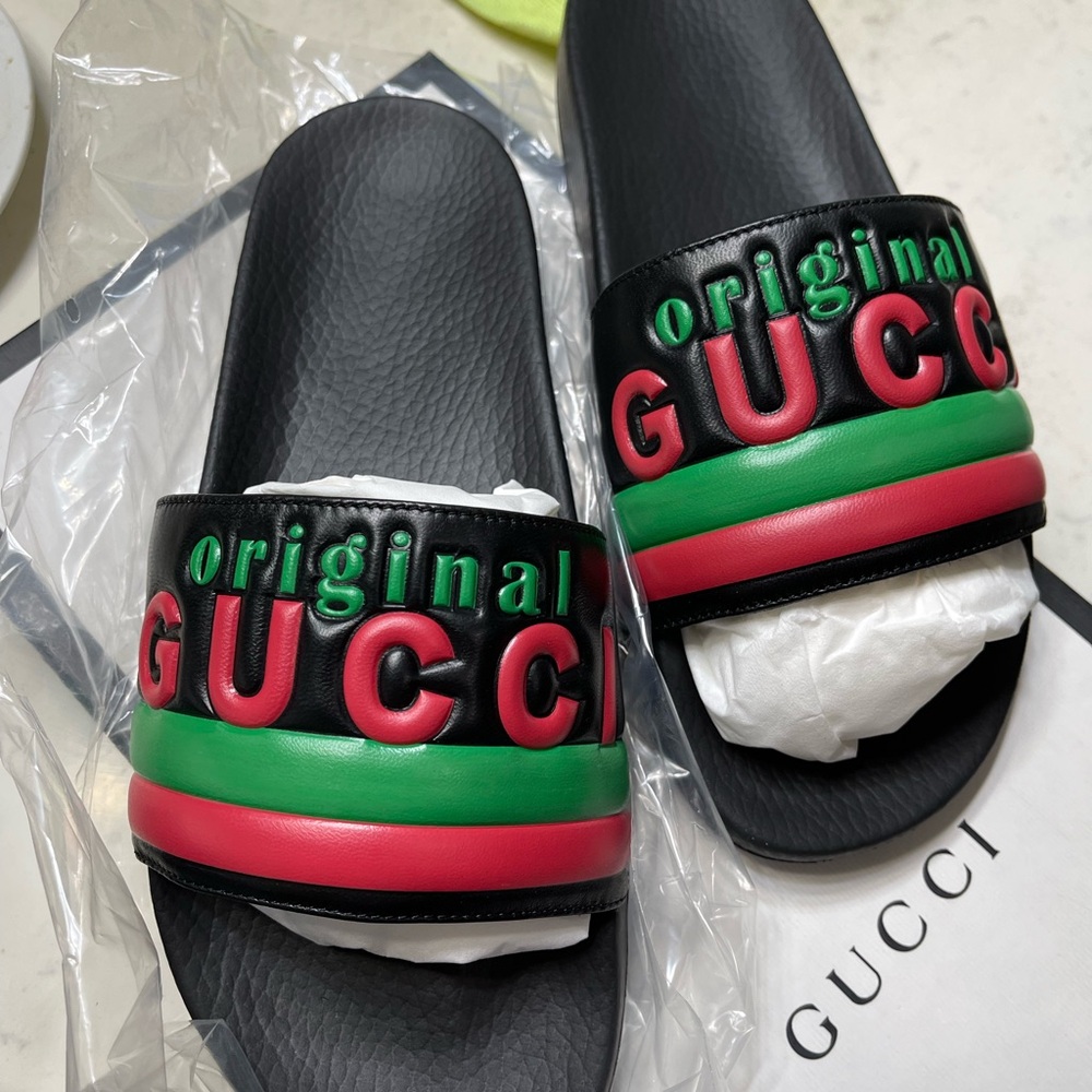 Gucci Black Slides with Red and Green Logo